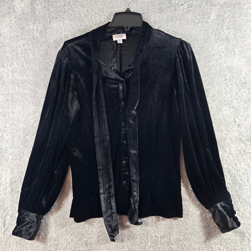 Unique Vintage Black Velvet Bow Blouse Bishop Sleeve Button Up Top M 6-8